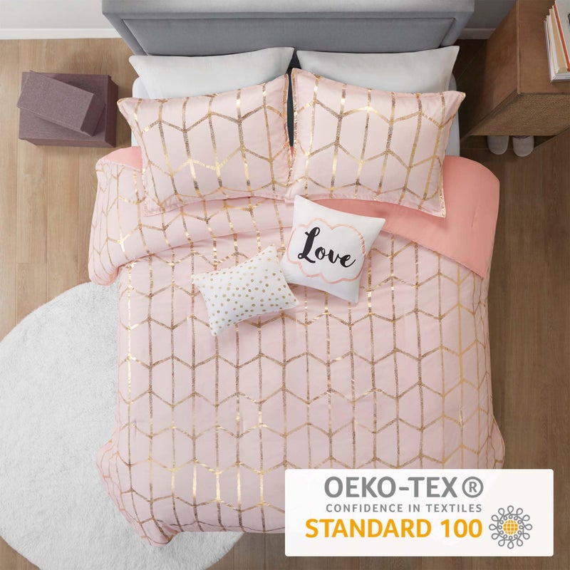 Intelligent Design Raina King/Cal King Comforter Set, Soft Microfiber, Modern Geometric Metallic Bed Set, 5 Pieces College Bedding with 2 Shams, 2 Toss Pillows Blush/Gold - Image 3